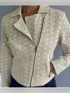 Anthropologie Dolan Eyelet Moto Jacket 100% Cotton Ivory Cropped Zip